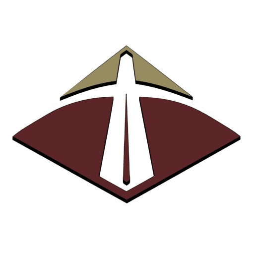 Stylized sword and diamond logo on black