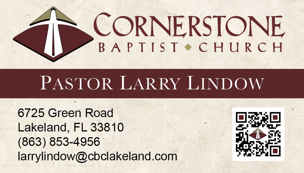 Cornerstone Baptist Church business card with QR